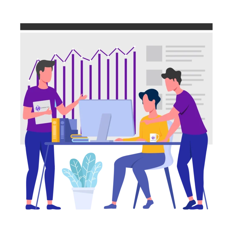 A team of software developers collaborating in a modern workspace, writing code and reviewing technical documentation.