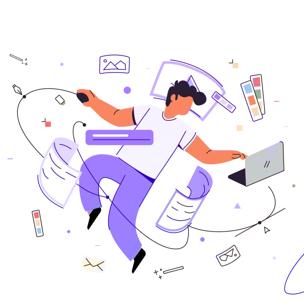 A graphic designer sketching and creating a logo on a digital tablet, with design tools and brand elements visible.