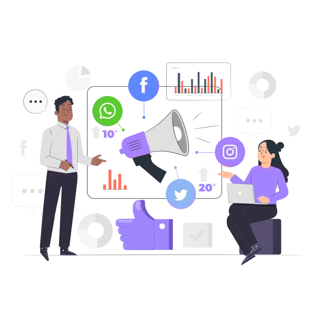 A collage of popular social media icons such as Facebook, Instagram, Twitter, and LinkedIn displayed on a smartphone and laptop.