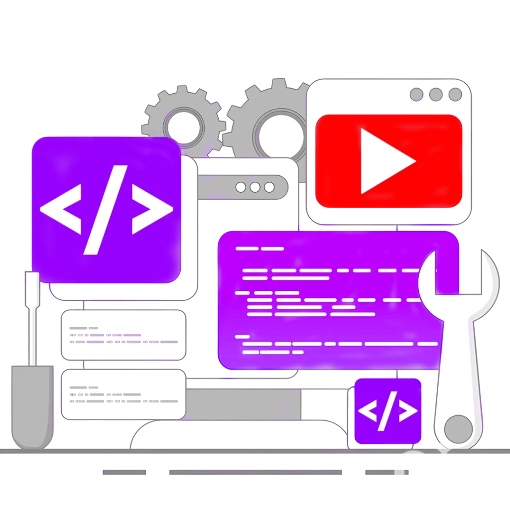 A web developer coding on a laptop with UI/UX wireframes, code snippets, and website layout elements on screen.