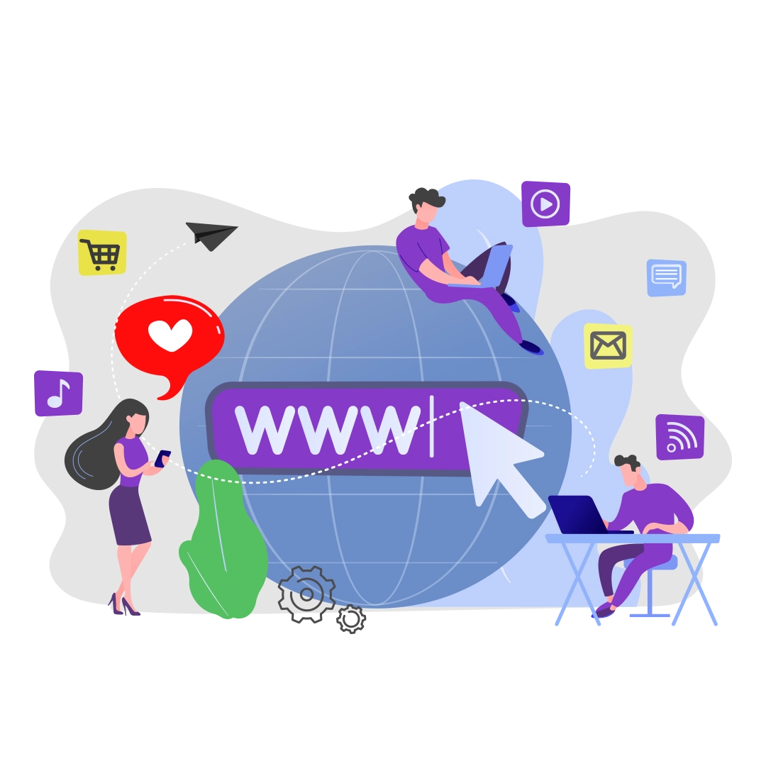 A digital marketing dashboard showing analytics, search rankings, and social media engagement icons.