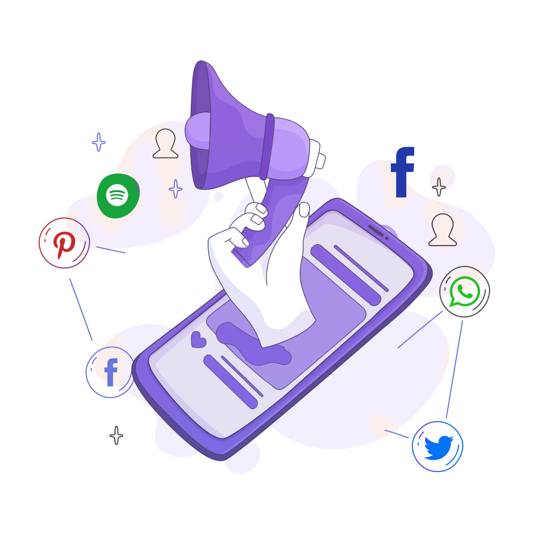 A smartphone displaying various social media app icons with notifications, alongside a laptop showing social media analytics.