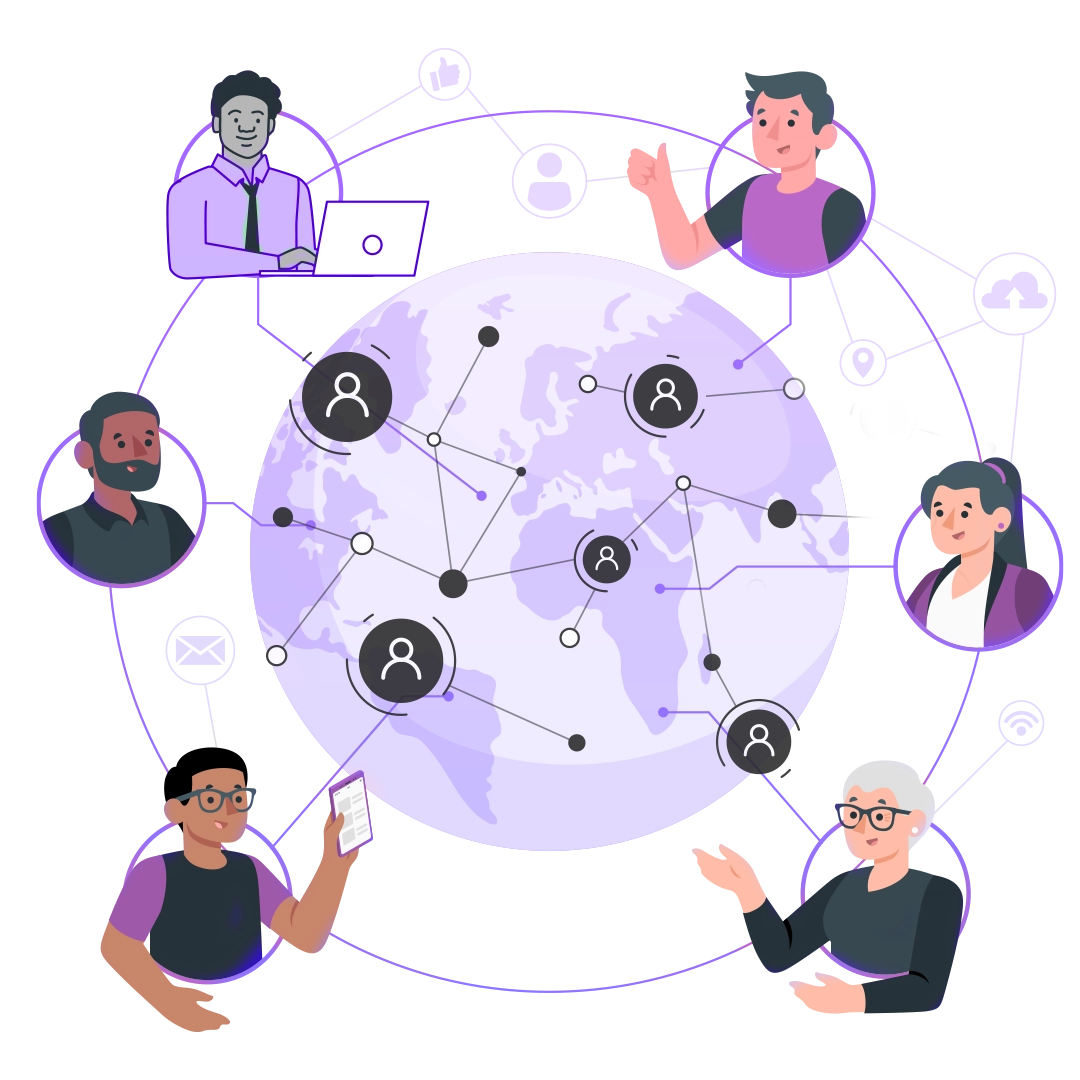 Team members gathered around a workspace, sharing ideas and working together on a project.