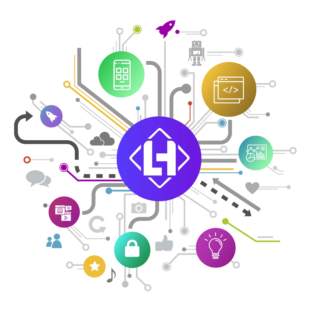 A person analyzing digital marketing data on a laptop, with icons representing SEO, email, and social media surrounding the screen.