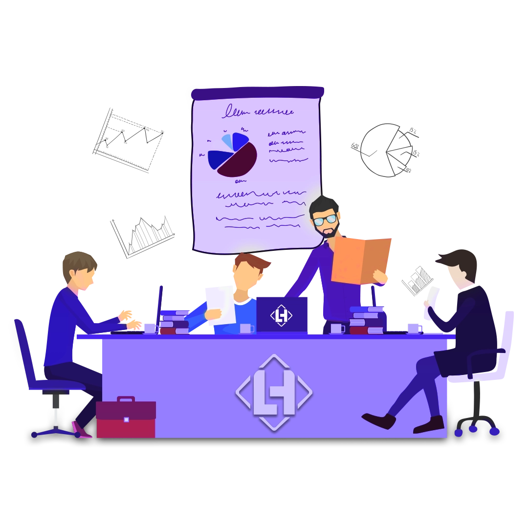 A business consultant presenting digital growth strategies to a client, with charts, graphs, and digital icons in the background.