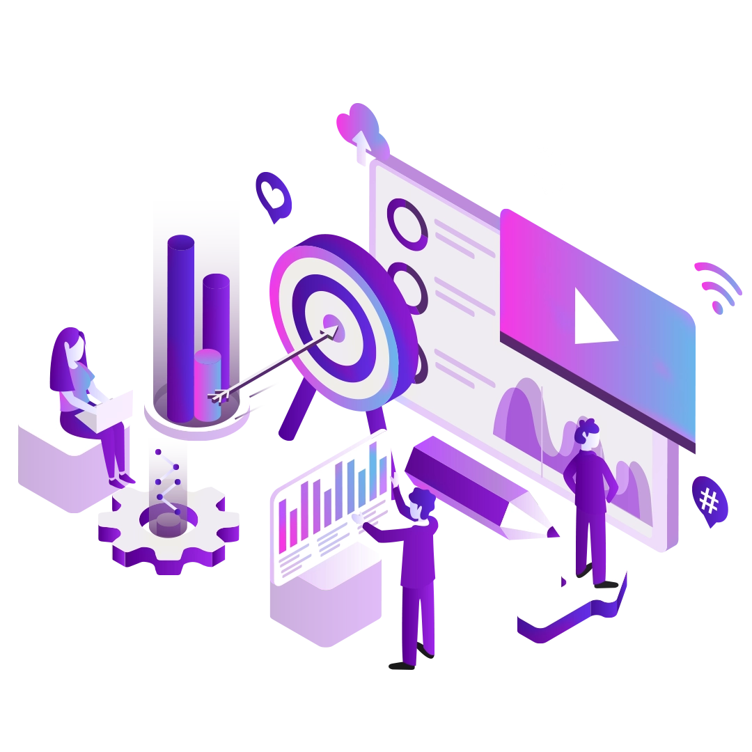 A digital marketer analyzing social media metrics and SEO data on a laptop screen with various marketing icons around.